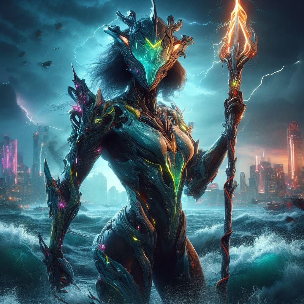 AI generated: a badass humanoid woman with an organic shark armor with scales and neonlight holding a trident, hea...