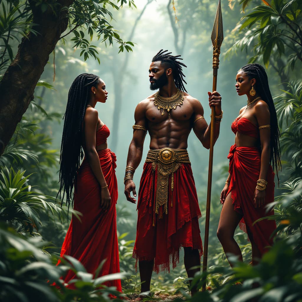 AI generated: 
a black man in a red skirt and gold belt holding a spear standing in the middle, a black woman with...