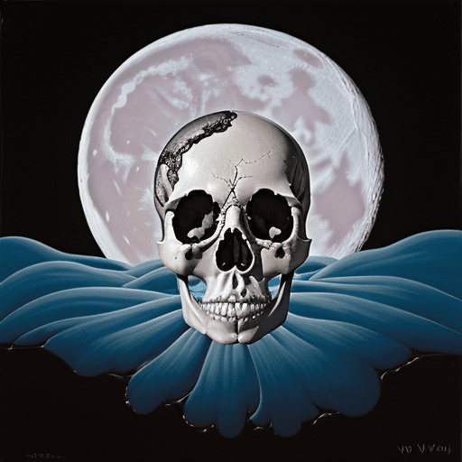 AI generated: surrealist painting of a human skull with the moon, clouds, and melting flowers, abstract, surreal -...