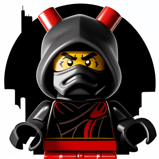 AI generated: developer at work in lego style,un Lego avec une tenue de ninja rouge noir et doré et avec des beau ...