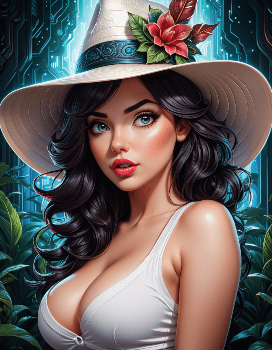 AI generated: NSFW, art by Dan Mumford, upper body of a geeky adult woman in a revealing white t-shirt, silly litt...