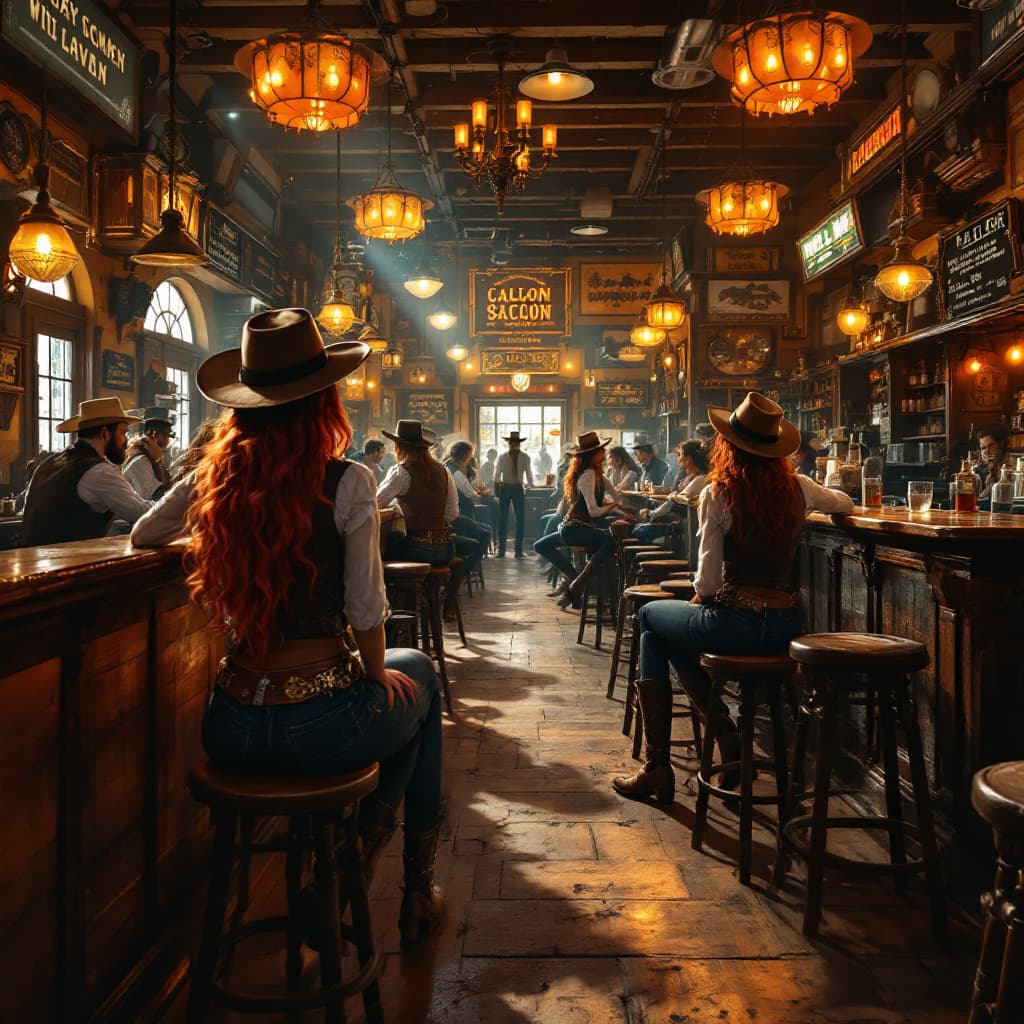 AI generated: wide view of a saloon. A Vibrant Old West saloon filled with lively patrons and lovely old west fema...