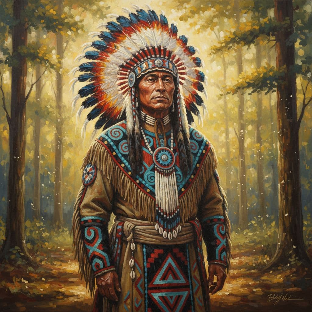 AI generated: A vibrant acrylic painting featuring a Choctaw Indian Chief standing proudly, dressed in full ceremo...