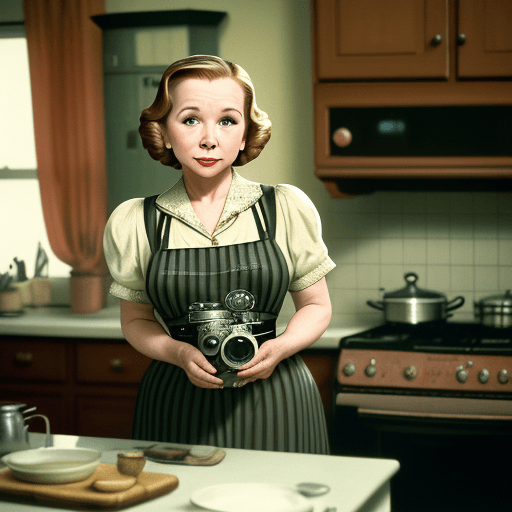 AI generated: (Debra Jo Rupp) as a Housewife, (1940), low light, close-up, kitchen in the background, an old radio...