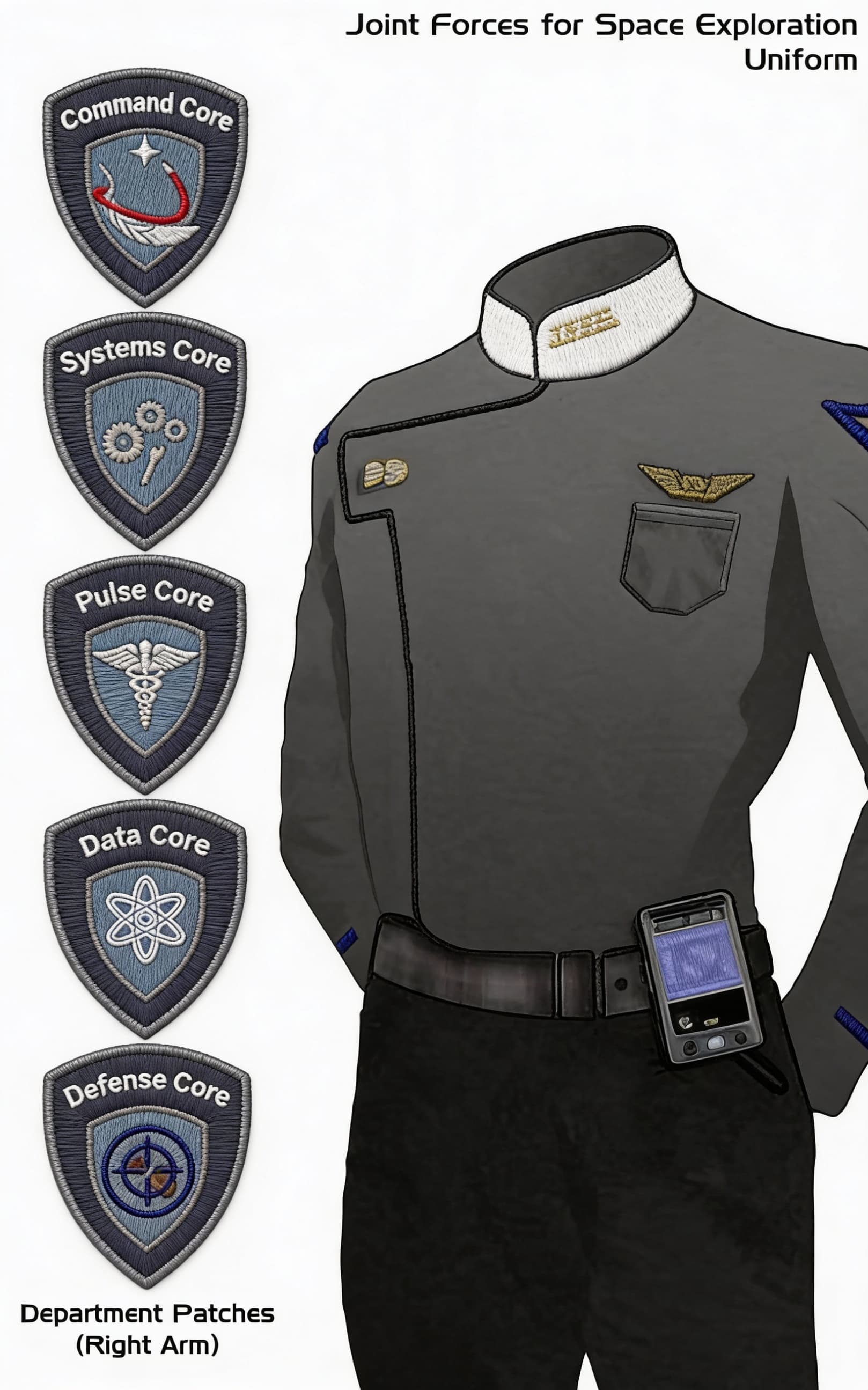 AI generated: Create a Sci-Fi uniform patches. Use the Reference image and display five Patches. Replace the names...