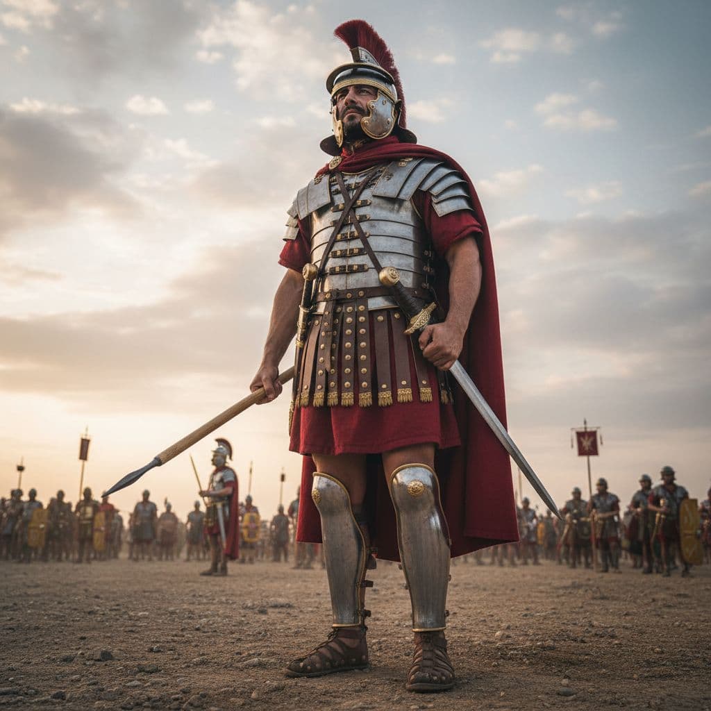 AI generated: Extreme low angle photo of a Roman legionary wearing his helmet and armor, he is awaiting for the st...
