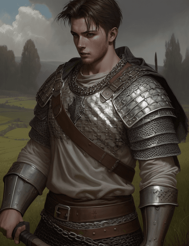 AI generated: young male cleric with hammer and chainmail shirt, in countryside with resolute face, by Greg Rutkow...