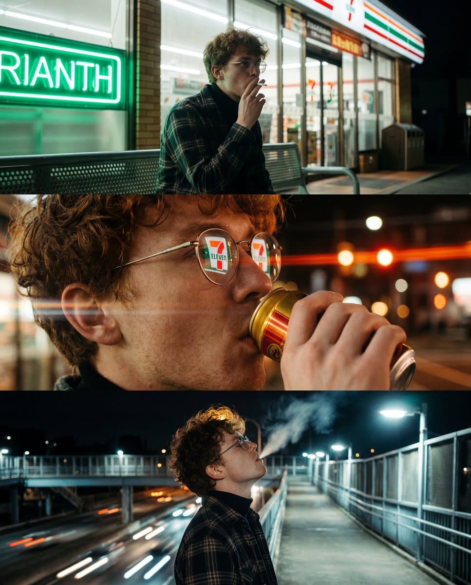 AI generated: A vertical triptych of three cinematic, night-time urban photographs featuring a young man with mess...