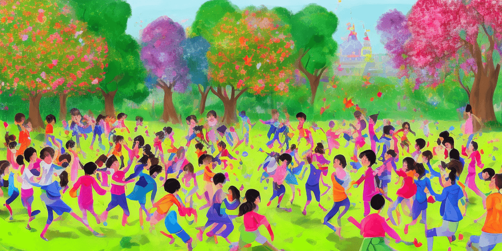AI generated: A hundred children are joyfully circling around Pavel Durov in a vibrant, lively scene. The backgrou...
