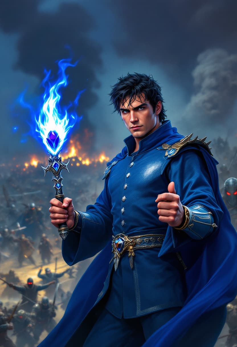 AI generated: Book cover-quality, battle scene, a few armored samurai and ninjas fighting a few soldiers in blue-g...