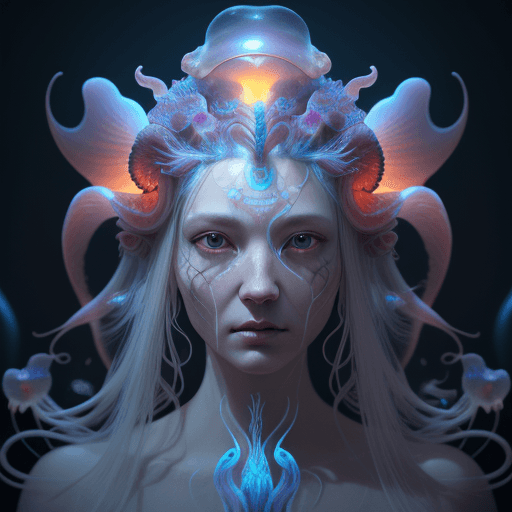 AI generated: Goddess close-up portrait ribcagel. jellyfish phoenix head, nautilus, orchid, skull, betta fish, bio...