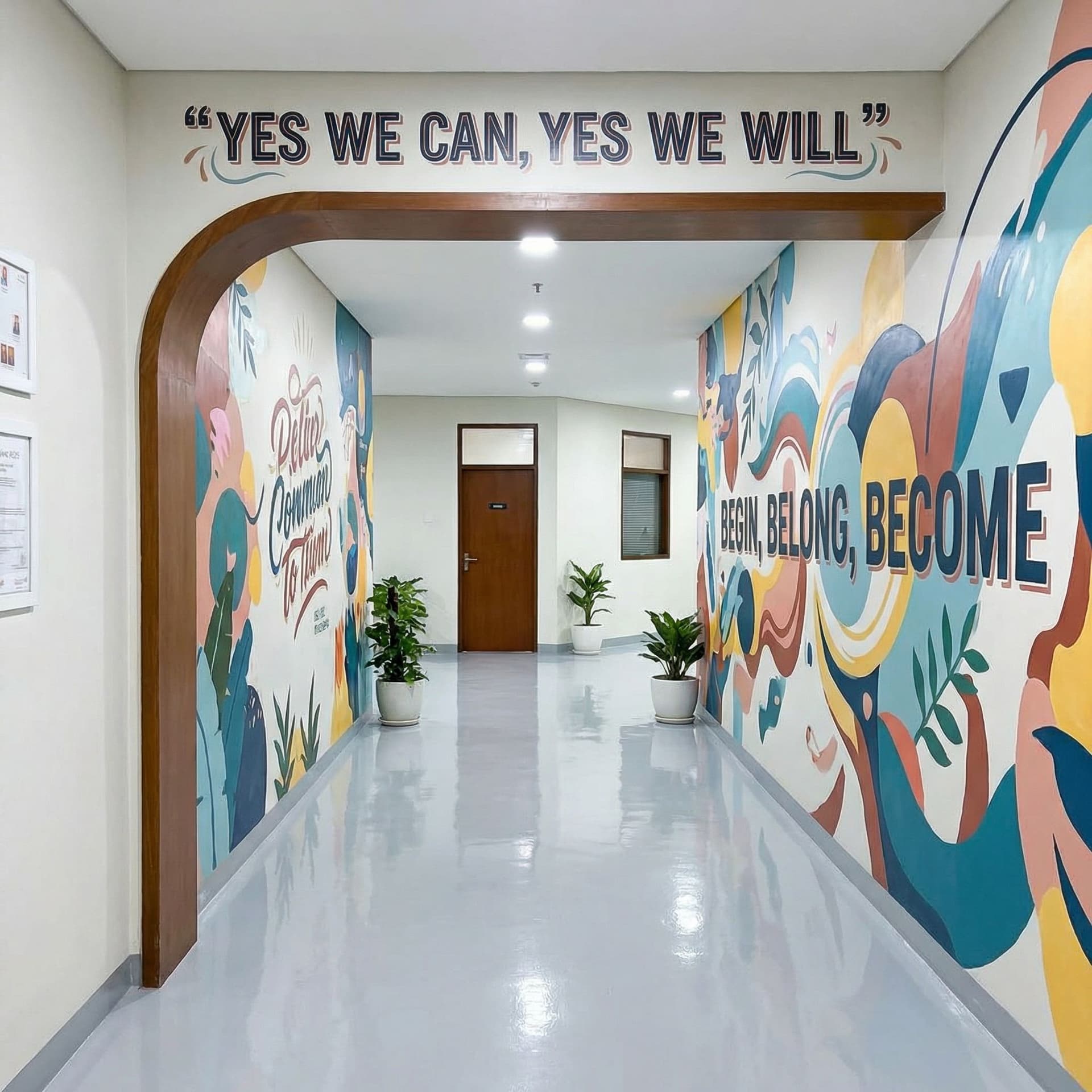 AI generated: "Based on image_9.png, the hallway is redesigned into a bright, high-quality motivational space for ...