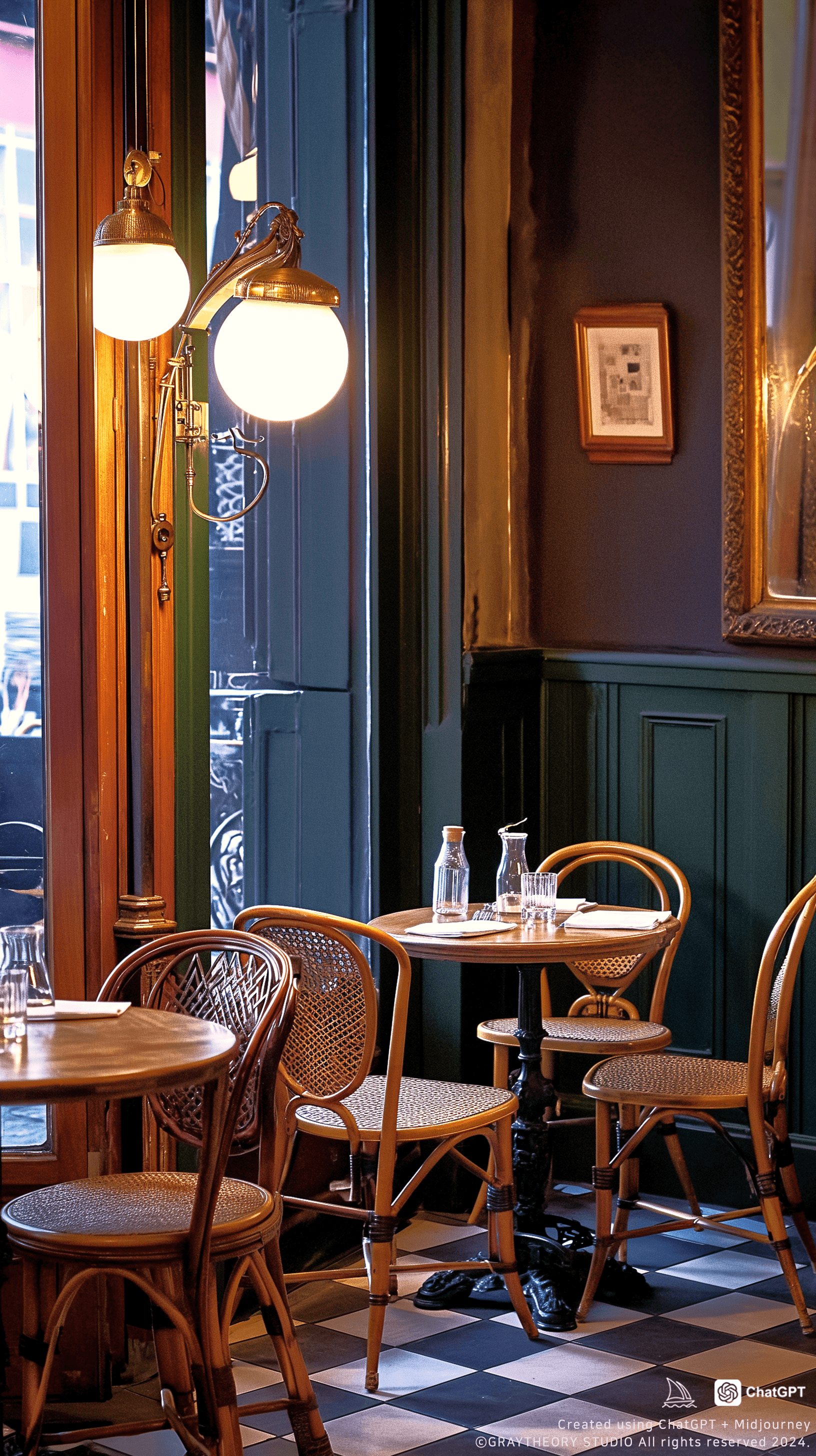 AI generated: candid shot, design a classic French bistro with a Leica Q2, 28mm f/1.7 lens. Showcase vintage furni...