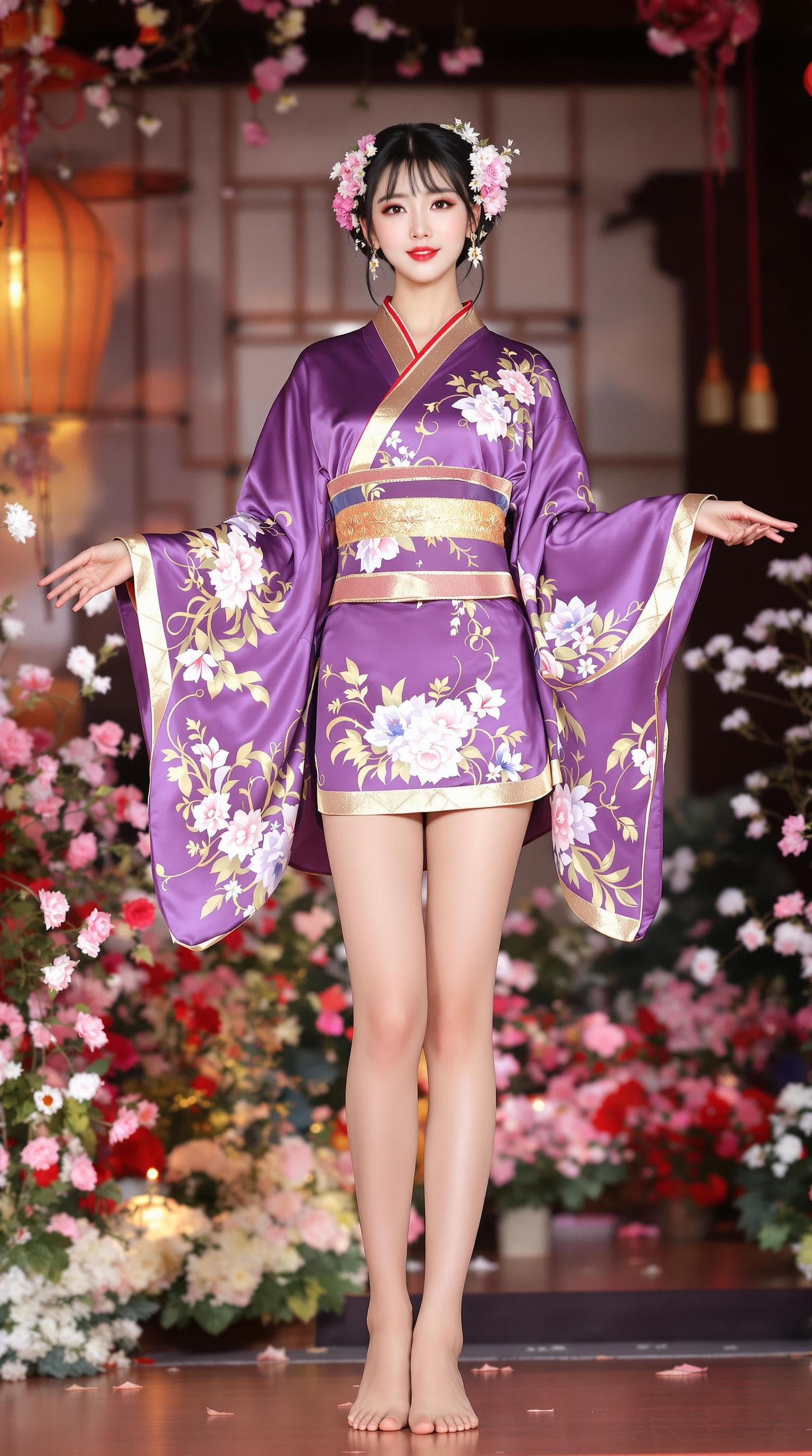 AI generated: full-length view A beautiful Korean woman, with short black hair, flowers in her hair, a very short ...