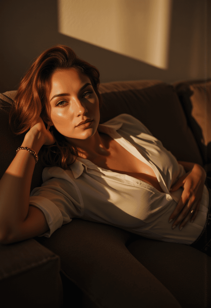 AI generated: A woman reclines languidly on a plush sofa in her cozy living room, her gaze locking onto the viewer...