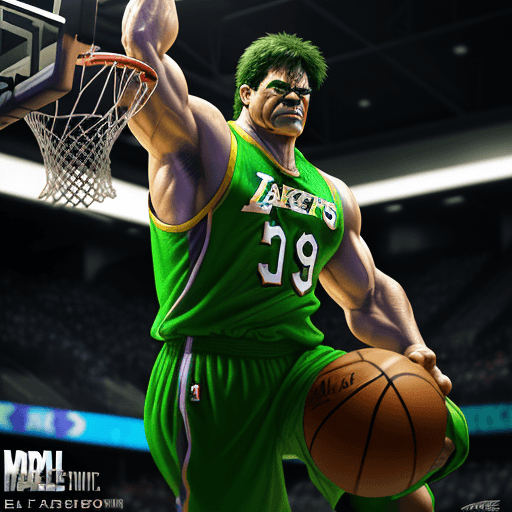 AI generated: Marvel's Hulk playing basketball, he is jumping to dunk on the hoop and he is dressed in the Lakers ...