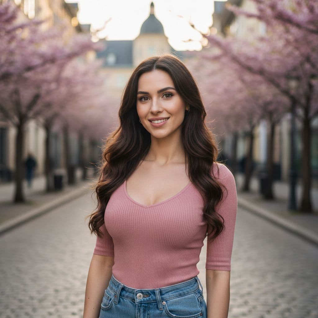 AI generated: Petite brunette with almost B cup perky tits. She has a slender body and a beautiful face