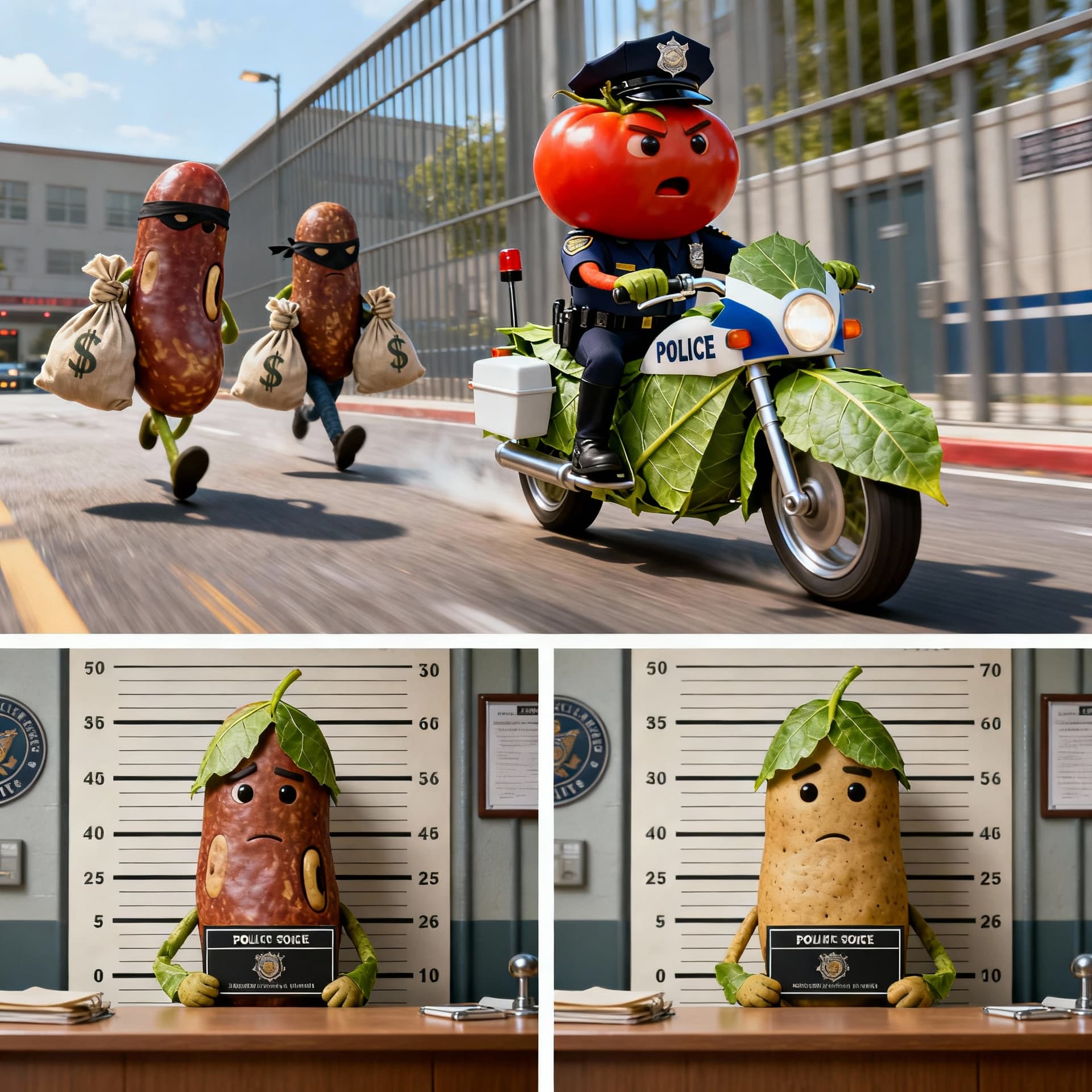 AI generated: A three-part image.

Top (largest section): a cinematic, photorealistic movie-style still of a polic...