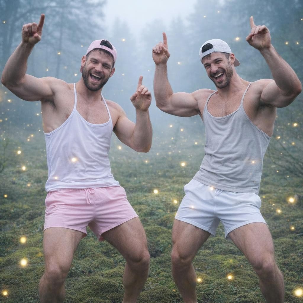 AI generated: Make these men standing in mossy field while doing a happy dance with one wearing light pink short s...