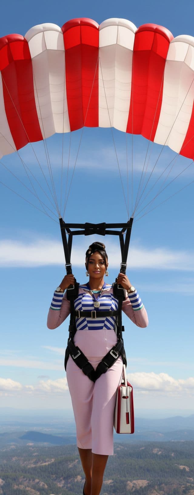 AI generated: close up of female  strapped to a parachute decending from thje sky , the parachute is red and white...