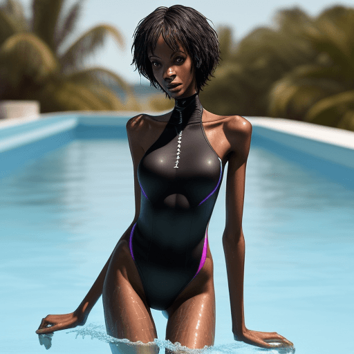 AI generated: very skinny black woman, bony and lean, wit very long neck in swimming suit

