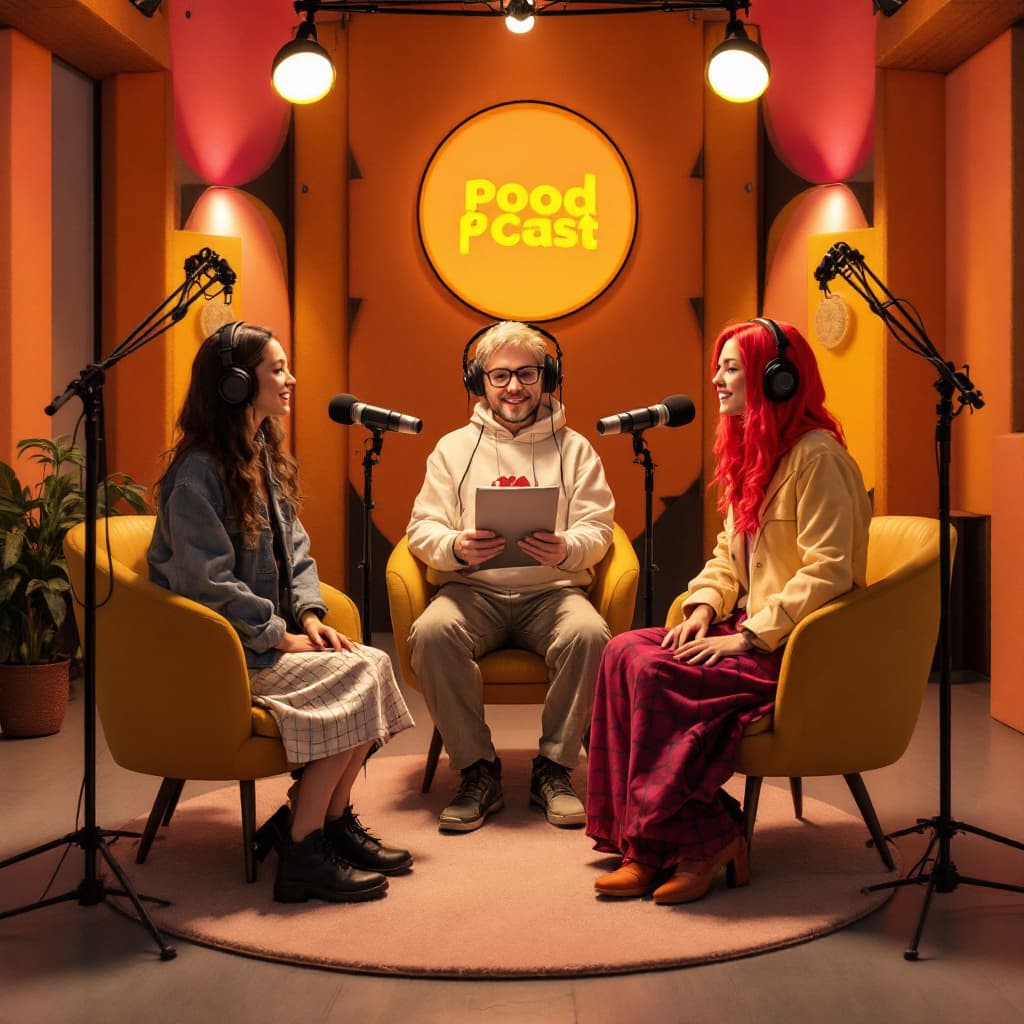 AI generated: A pood cast studio with 3 charactre sitting on a semi circle studio with the podcast style microphon...