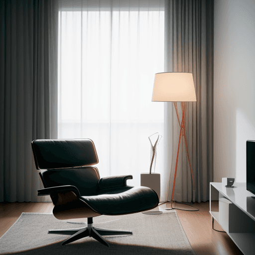 AI generated: mid-sized living room with a candid angle, dieter Rams 620 chair program, flos Arco floor lamp, Niko...