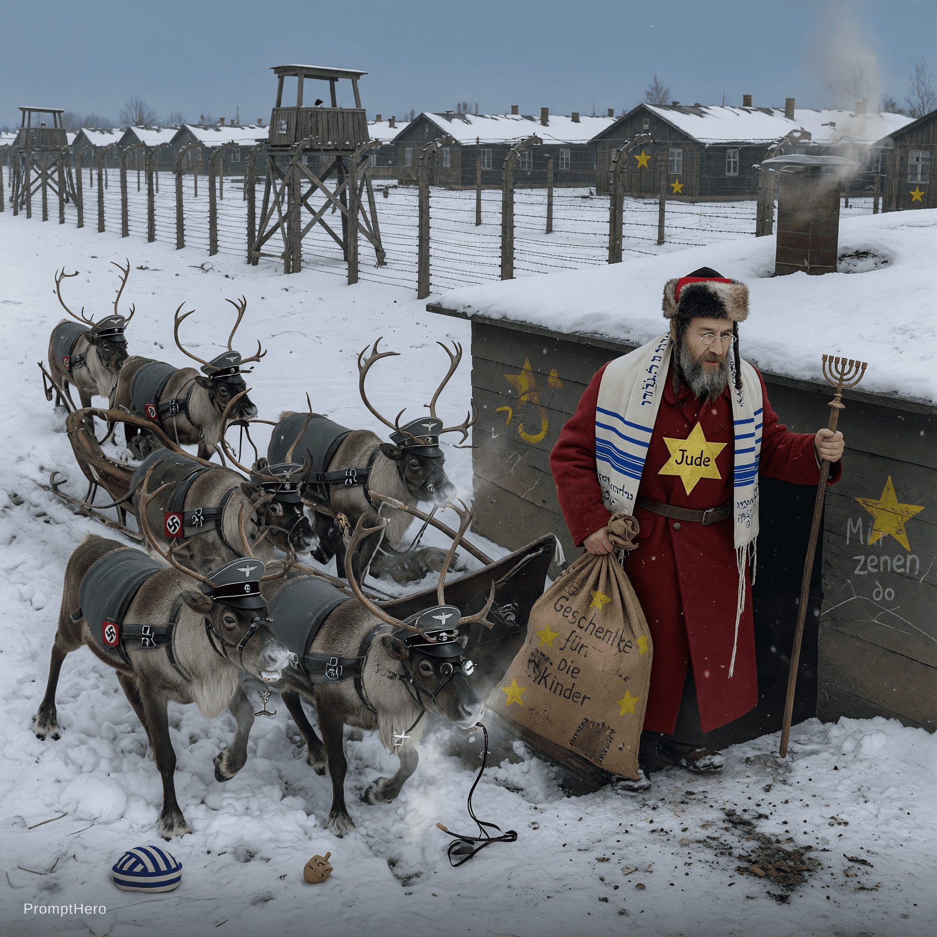 AI generated: papa noel judío saliendo en un campo de concentración , los renos son nazis