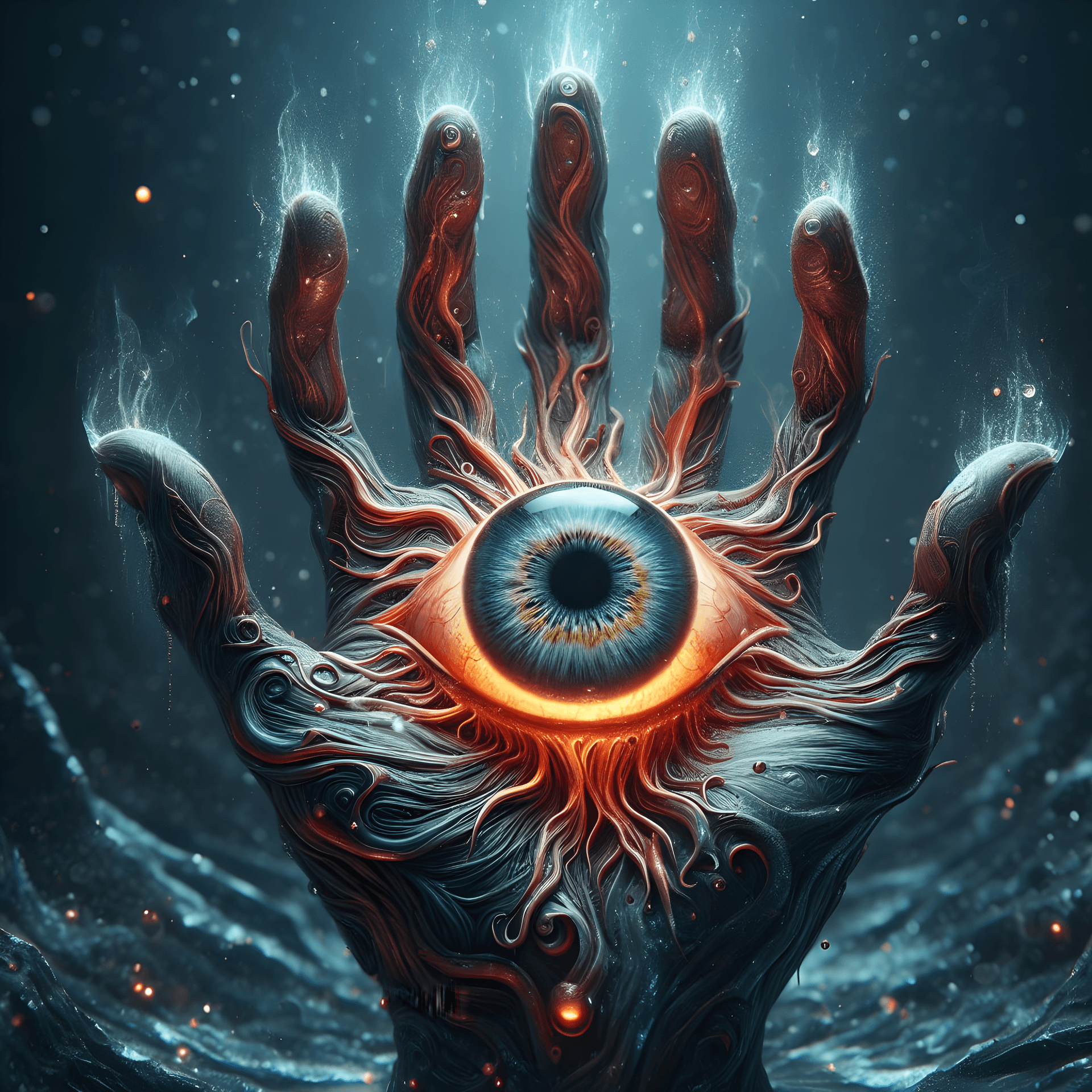 AI generated: An ancient demon hand, evil eye in the middle, 4K