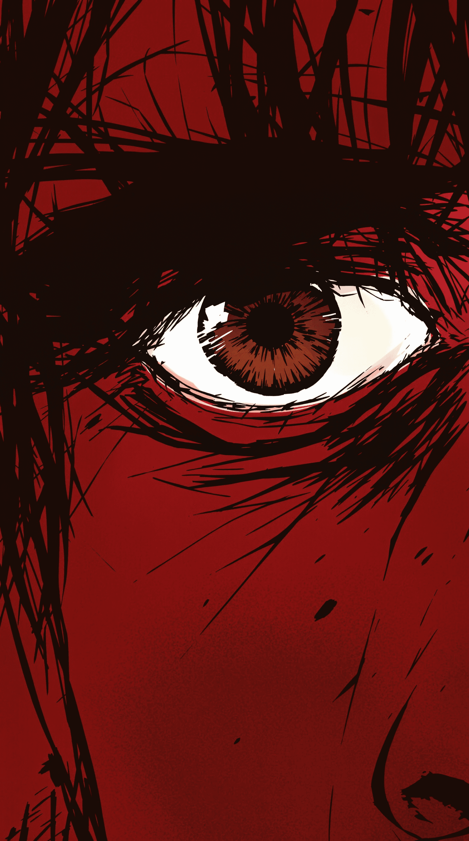 AI generated: manga panel of a close-up eye, intense, against a dark red background, in the style of Kentaro Miura...