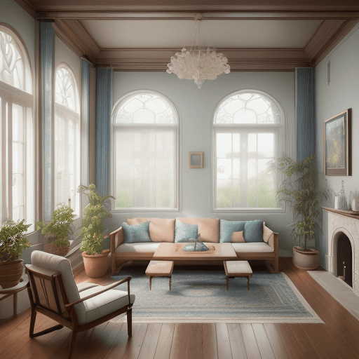 AI generated: High resolution photography interior design, dreamy sunken living room conversation pit, wooden floo...
