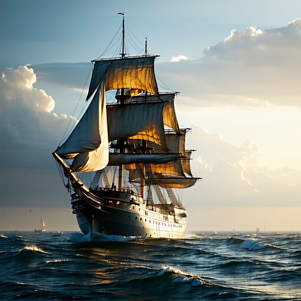 AI generated: Photo of a ultra realistic sailing ship, dramatic light, pale sunrise, cinematic lighting, battered,...