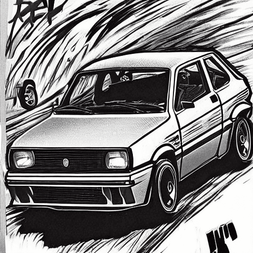 AI generated: Fiat uno mili 90s, drifting in initial d mountain, initial d art style, manga black and white, page ...