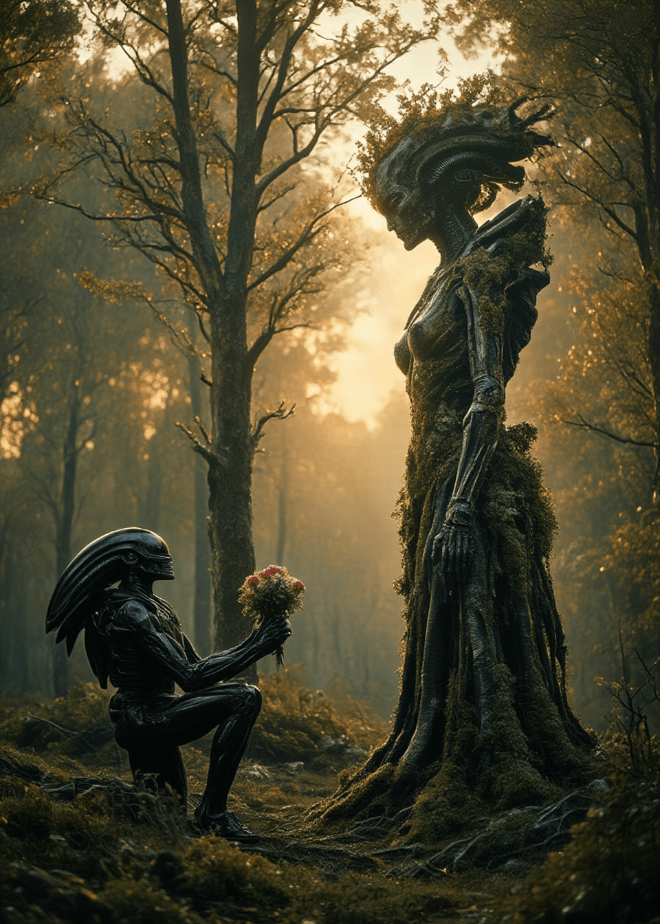 AI generated: cinematic image, two people, side view, sunset.
A powerful alien monster in the style of H. R. Gige...