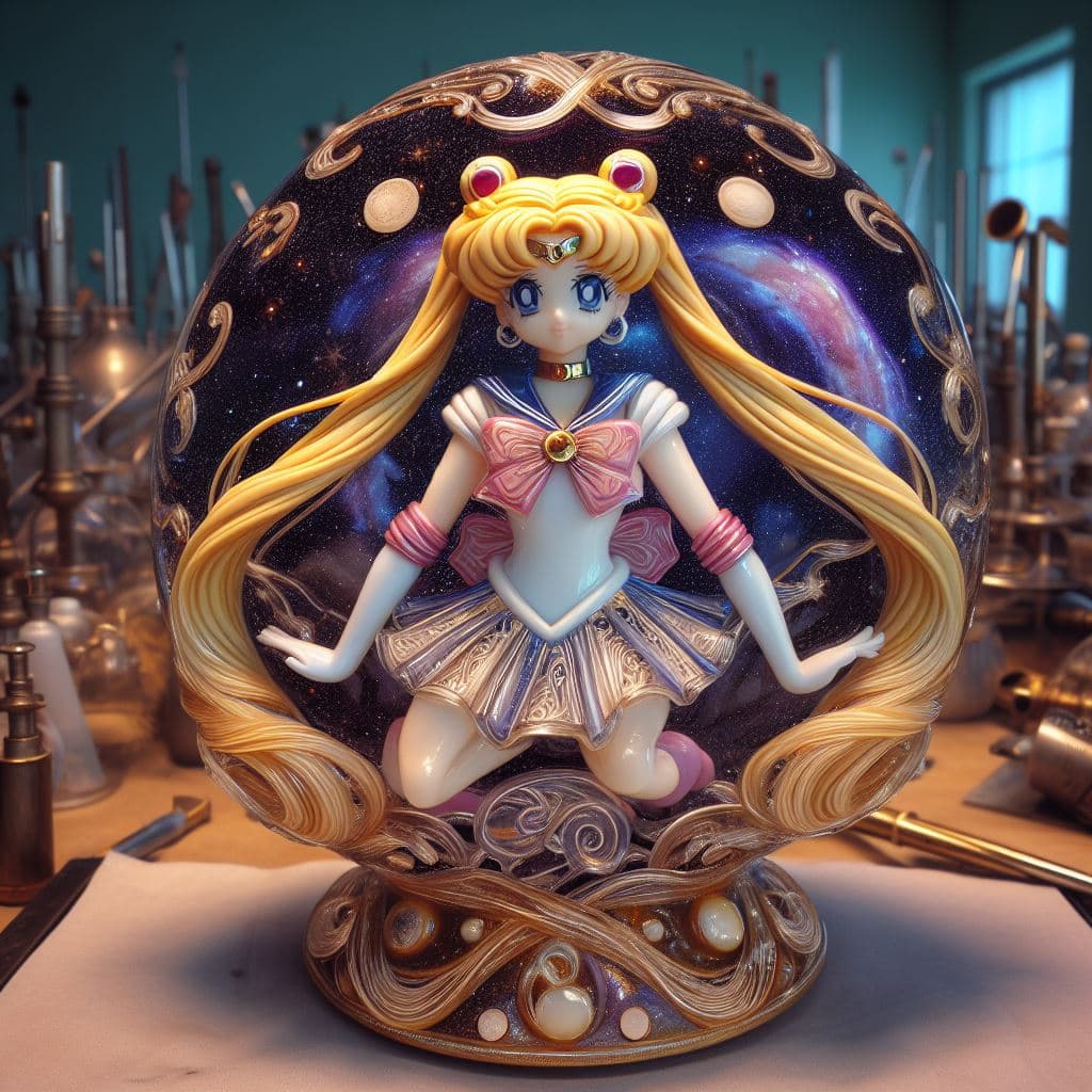AI generated: Full 8k sharp quality focus on a beautiful intricate high quality shiny blown glass figurine of a be...