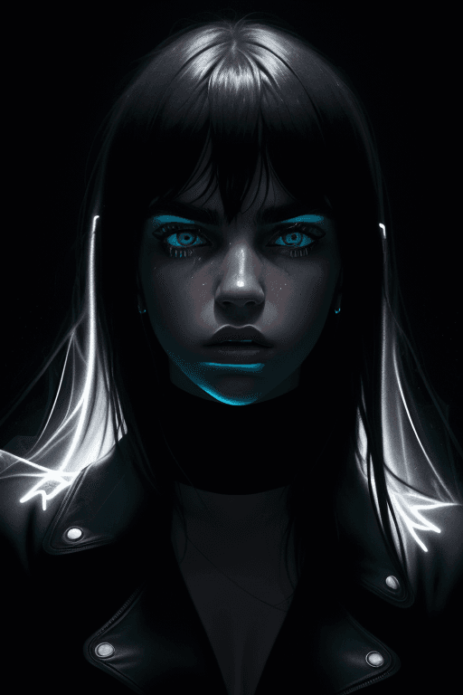 AI generated: Cara dua lipa, ((incorporeal)) ghost, surrounded by glowing fog, black backdrop background, dynamic ...