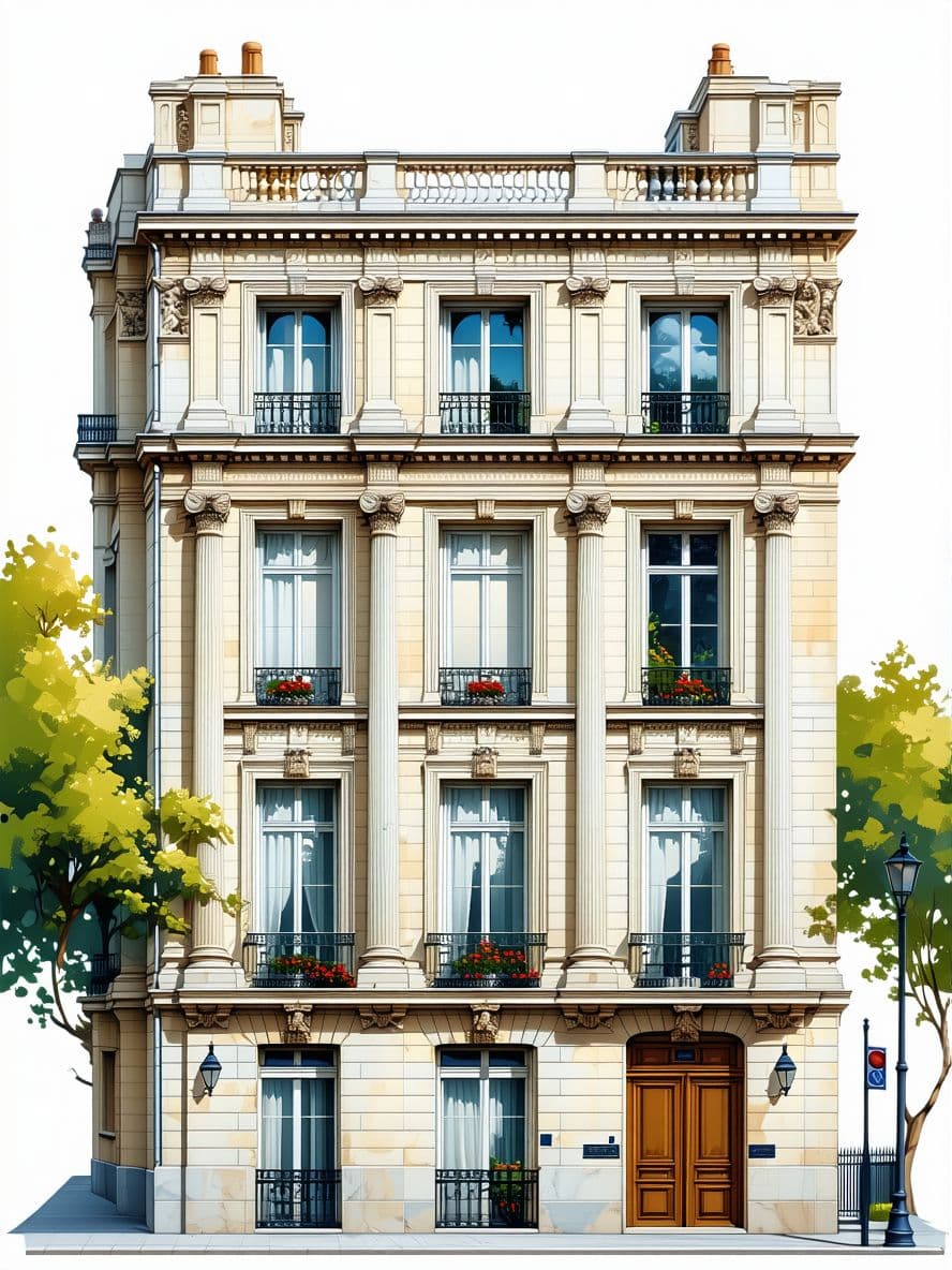 AI generated: ((Paris 1880)), hyperrealistic illustration in colours, a residential building's facade, neo-classic...