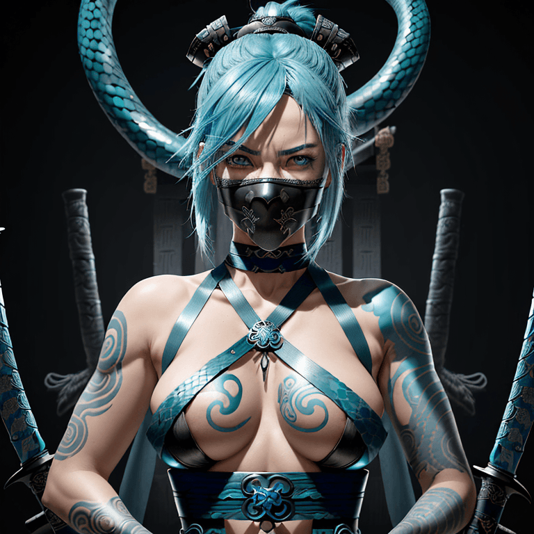 AI generated: The image shows a female character with aqua blue hair and striking blue eyes, wearing a black mask ...