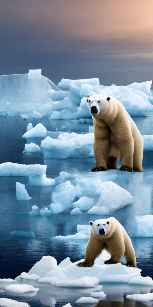 AI generated: Photo of a ultra realistica, big polar bear, standing on an iceberg, a photo, rebirth, sad, on its h...