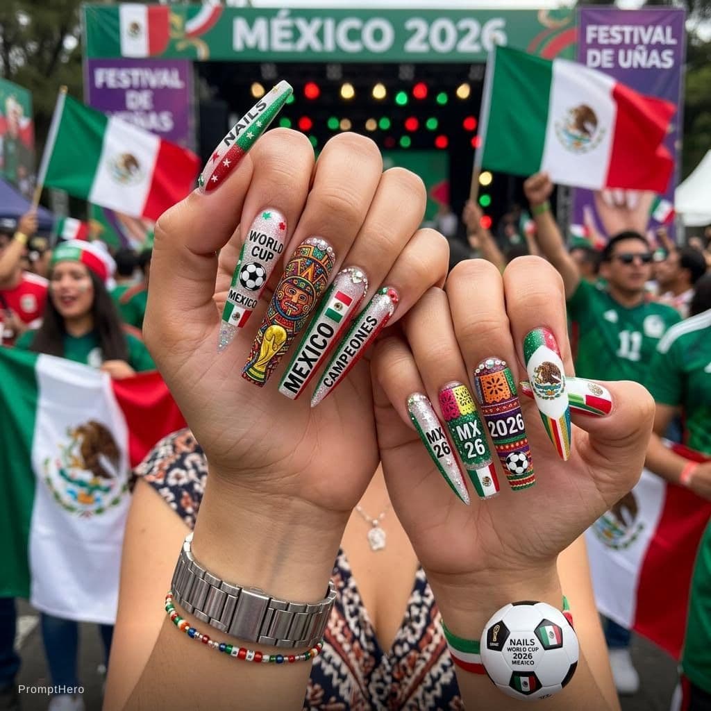 AI generated: Nails World Cup 2026 Mexic 🇲🇽 patern
