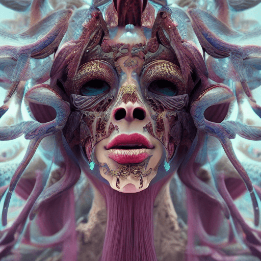 AI generated: Goddess close-up portrait ribcagel. jellyfish phoenix head, nautilus, orchid, skull, betta fish, bio...
