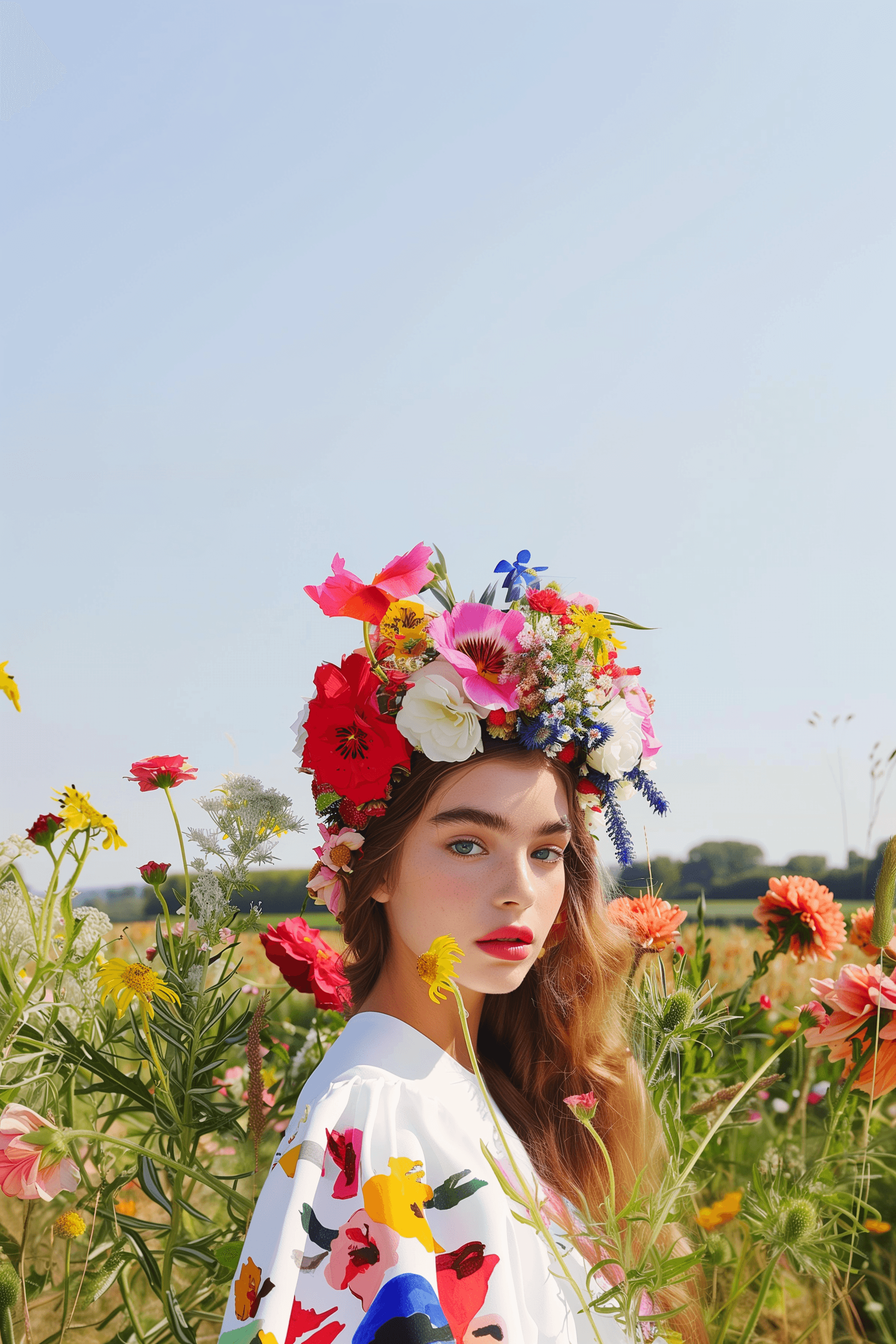 AI generated: photo of a girl celebrating the solstice, the holiday of Ivan Kupala, the girl has a wreath of flowe...
