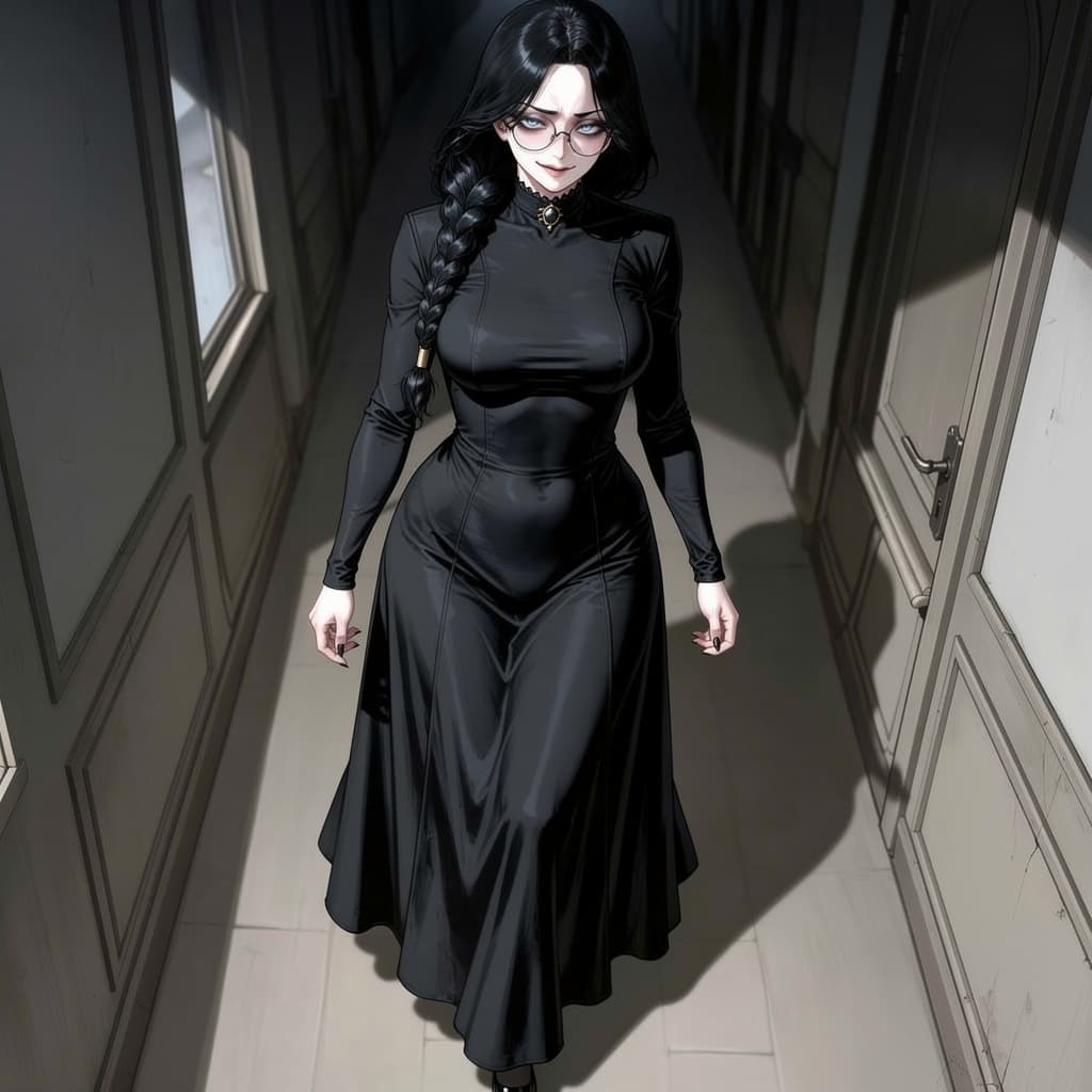 AI generated: A tall, 190cm gothic girl with blue eyes, a large bust, and a sculpted, wide waist, wearing a light,...