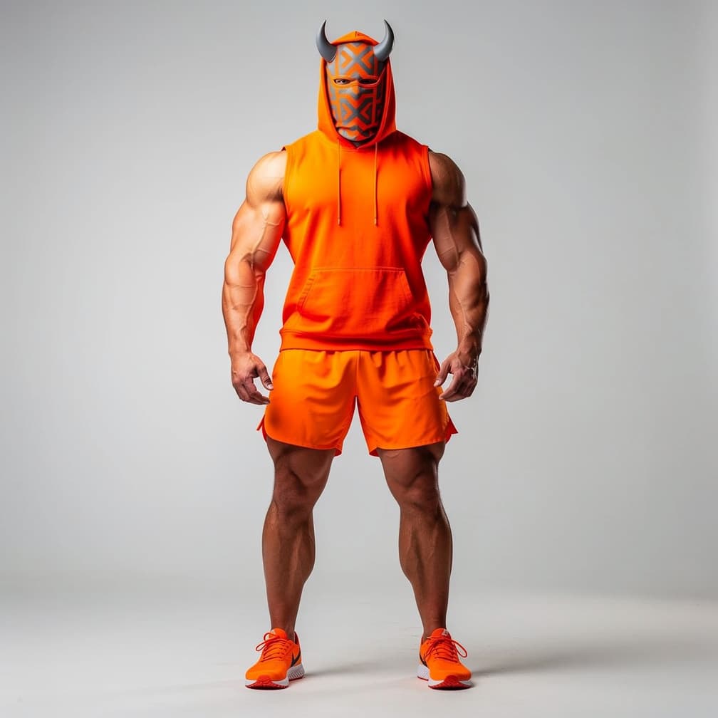 AI generated: A big muscular man wearing orange short shorts and a orange tank top with a hood plus a orange mask ...