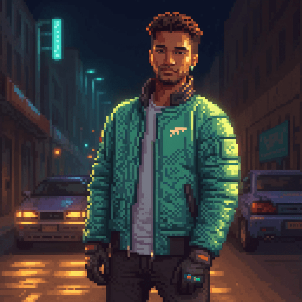 AI generated: Leaning against car, underground street racing, oversized racing jacket, racing gloves, oversized cl...