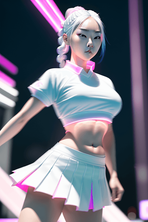 AI generated: blacklight, (beautiful young Korean woman, with white hair in a braided ponytail, wearing a white te...