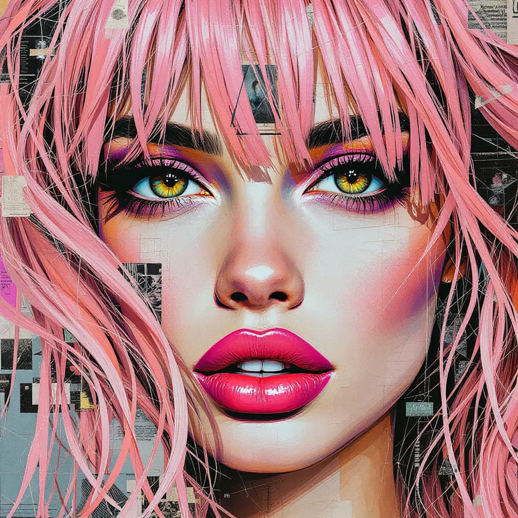 AI generated: woman with pink hair,brown eyes in the style of multi-layered collages, edgy street art, celebrity-p...