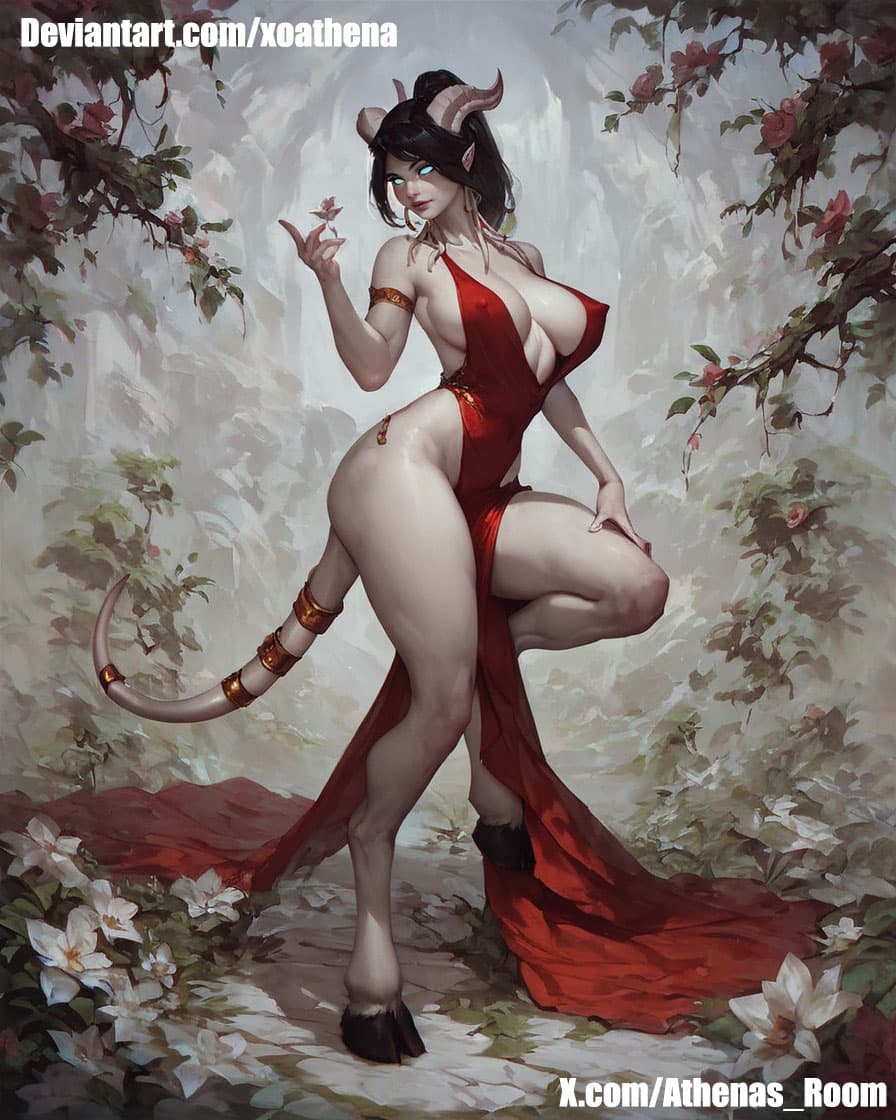 AI generated: 1GIRL, DRAENEI, PONYTAIL, (WHITE SKIN:1.3) , BLACK HAIR, SEMI-REALISTIC, FRONT VIEW, FAR VIEW, BIG B...
