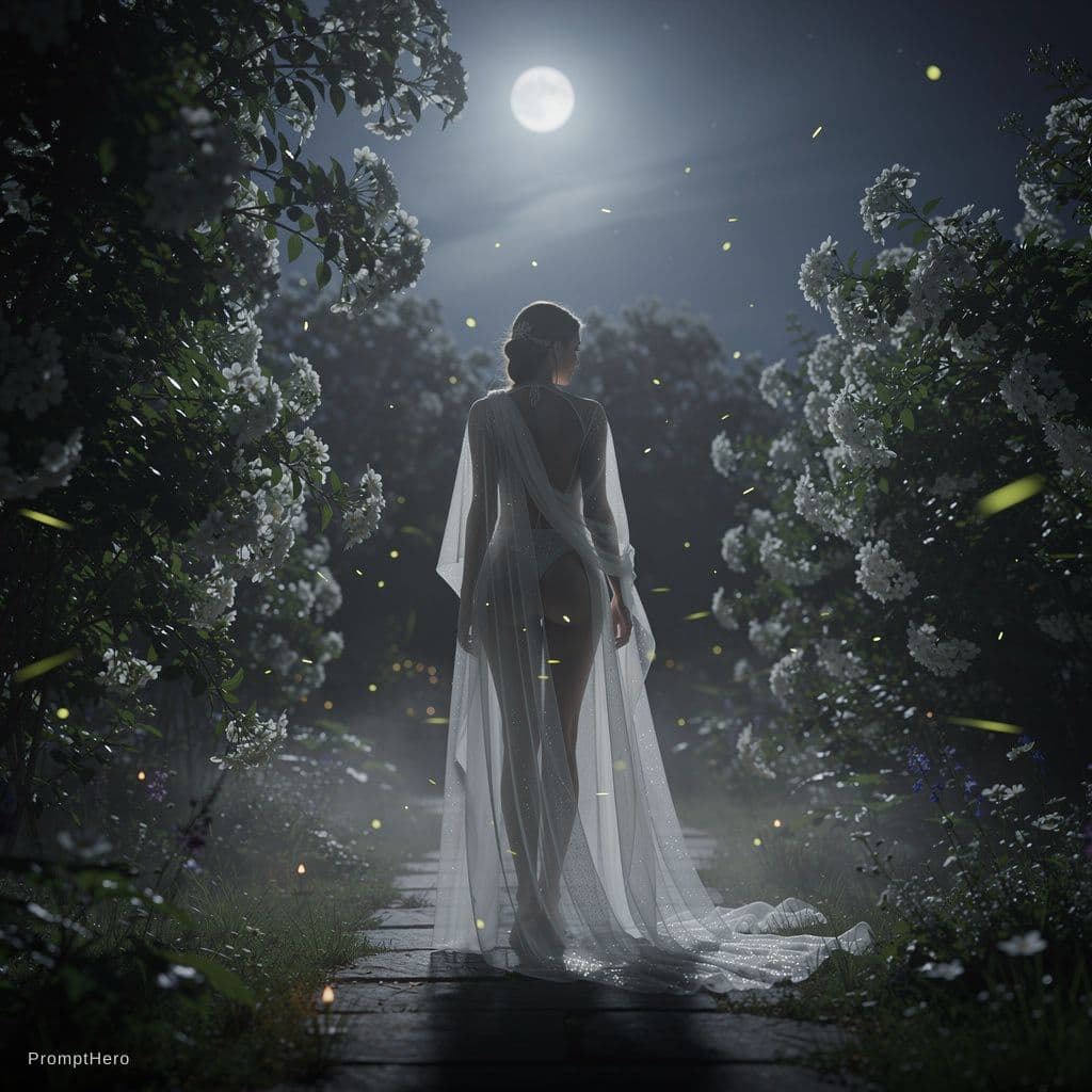 AI generated: A woman in a moonlit garden, surrounded by night-blooming jasmine. She is unclothed. Fireflies dot t...