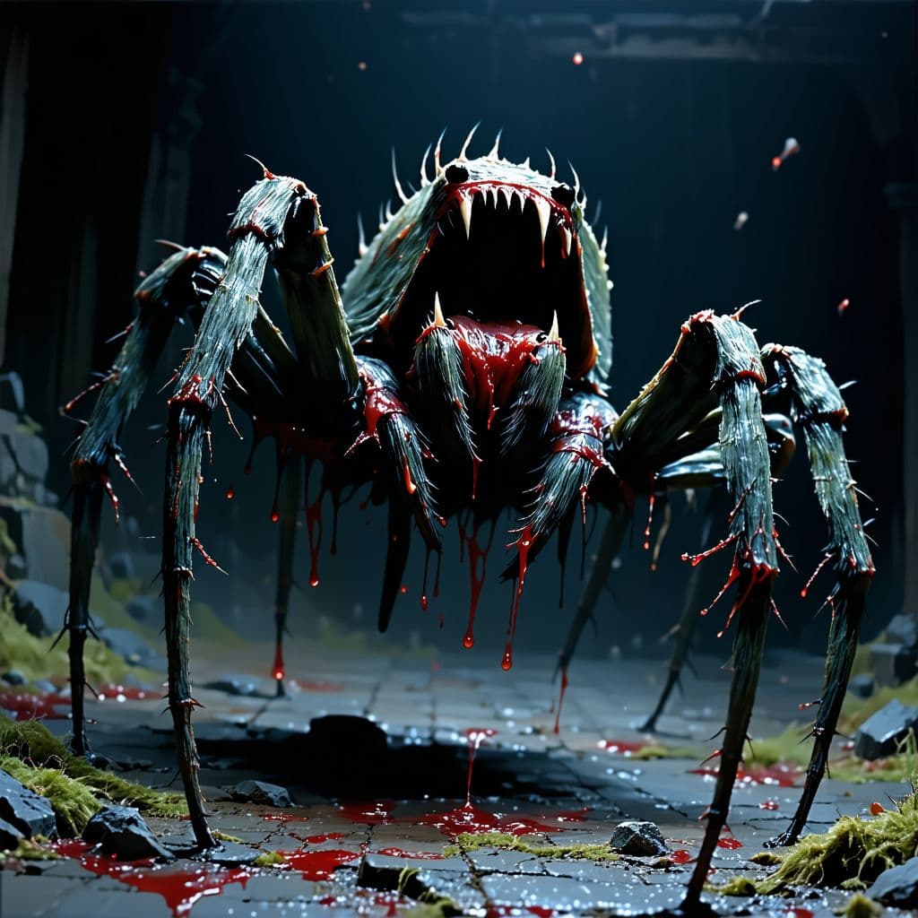 AI generated: realistic creepy old spider, natural light, high detail skin, creepy setting, horror, open mouth wit...